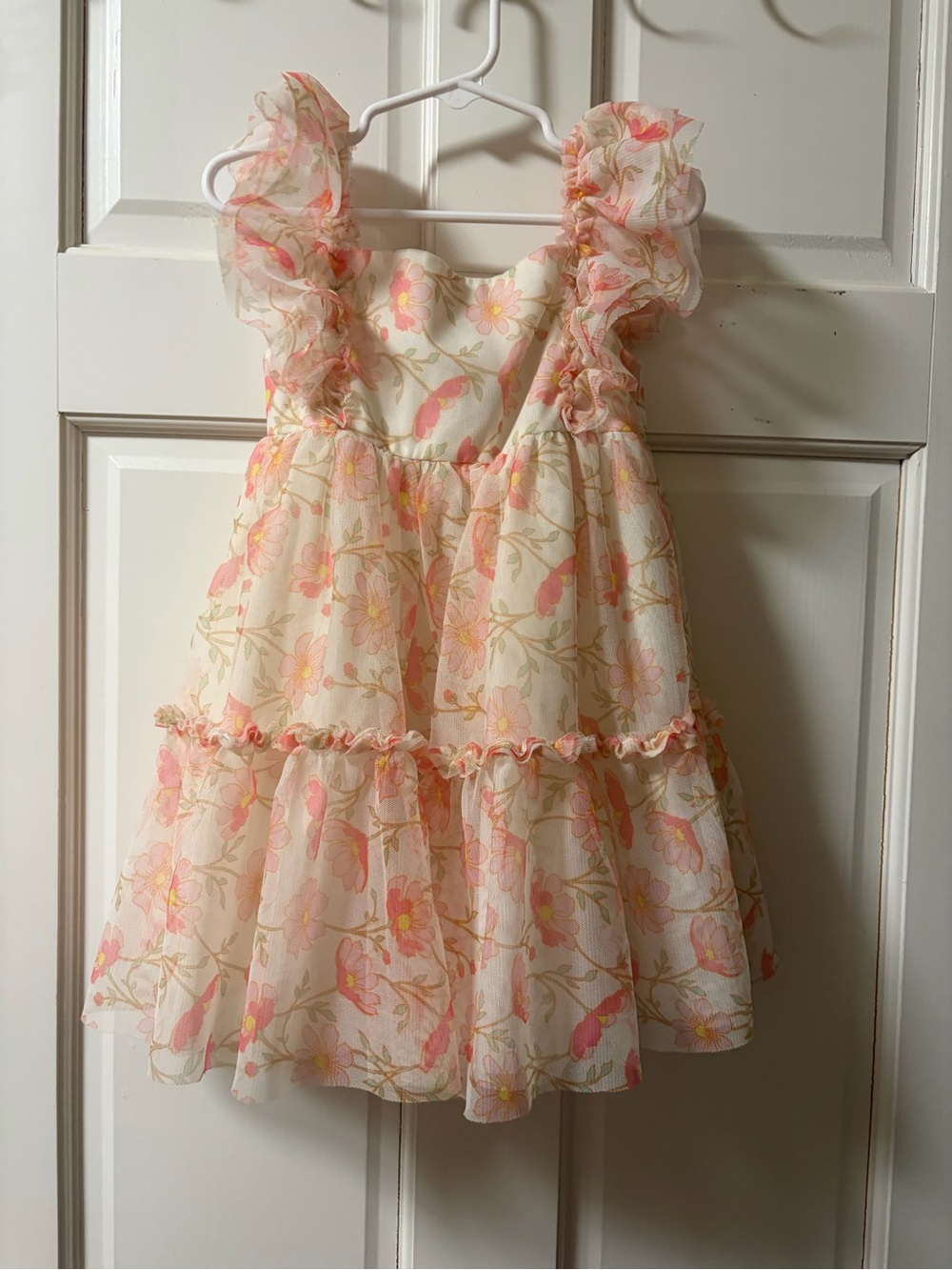 Rachel Zoe Girls Floral Ruffled Organza Dress in Cream and Pink